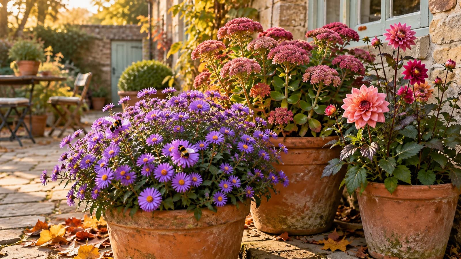 Purple asters, pink sedum and dahlias in terracotta pots with visiting bumblebees