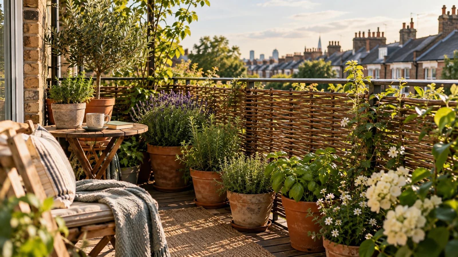 Potted herbs sheltered by a woven willow screen on a British balcony