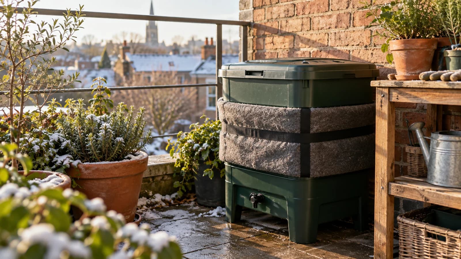 Closed worm compost bin with an insulating wrap beside a sheltered balcony wall