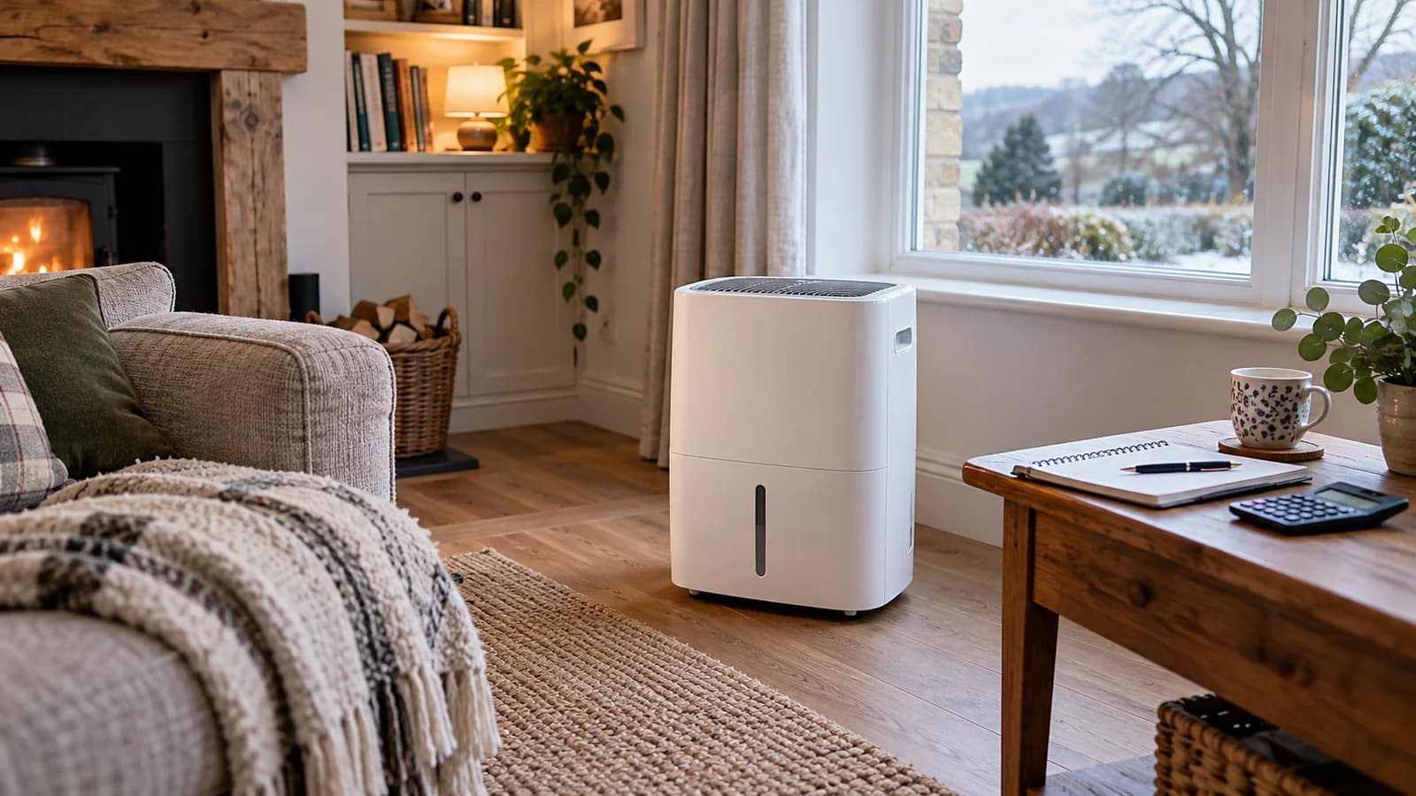 Portable dehumidifier with clear space around it beside a table with a cost notebook