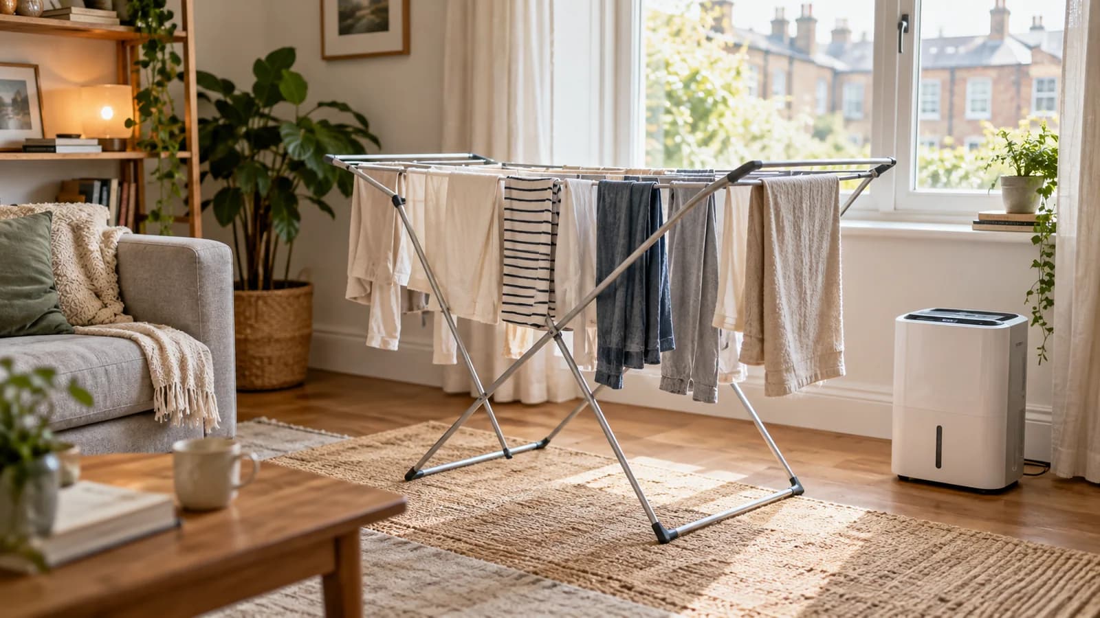 Laundry spaced on an airer with a dehumidifier nearby in a bright small flat