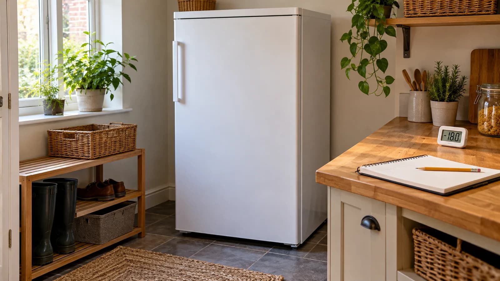 Closed freezer beside a notebook and digital thermometer in a utility room