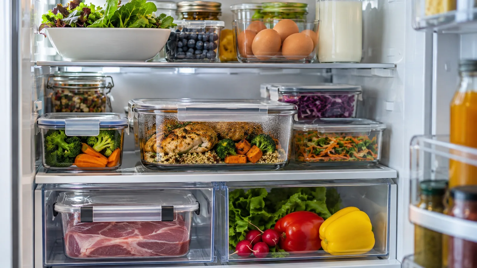 Covered cooked leftovers on fridge shelves above separately stored raw meat