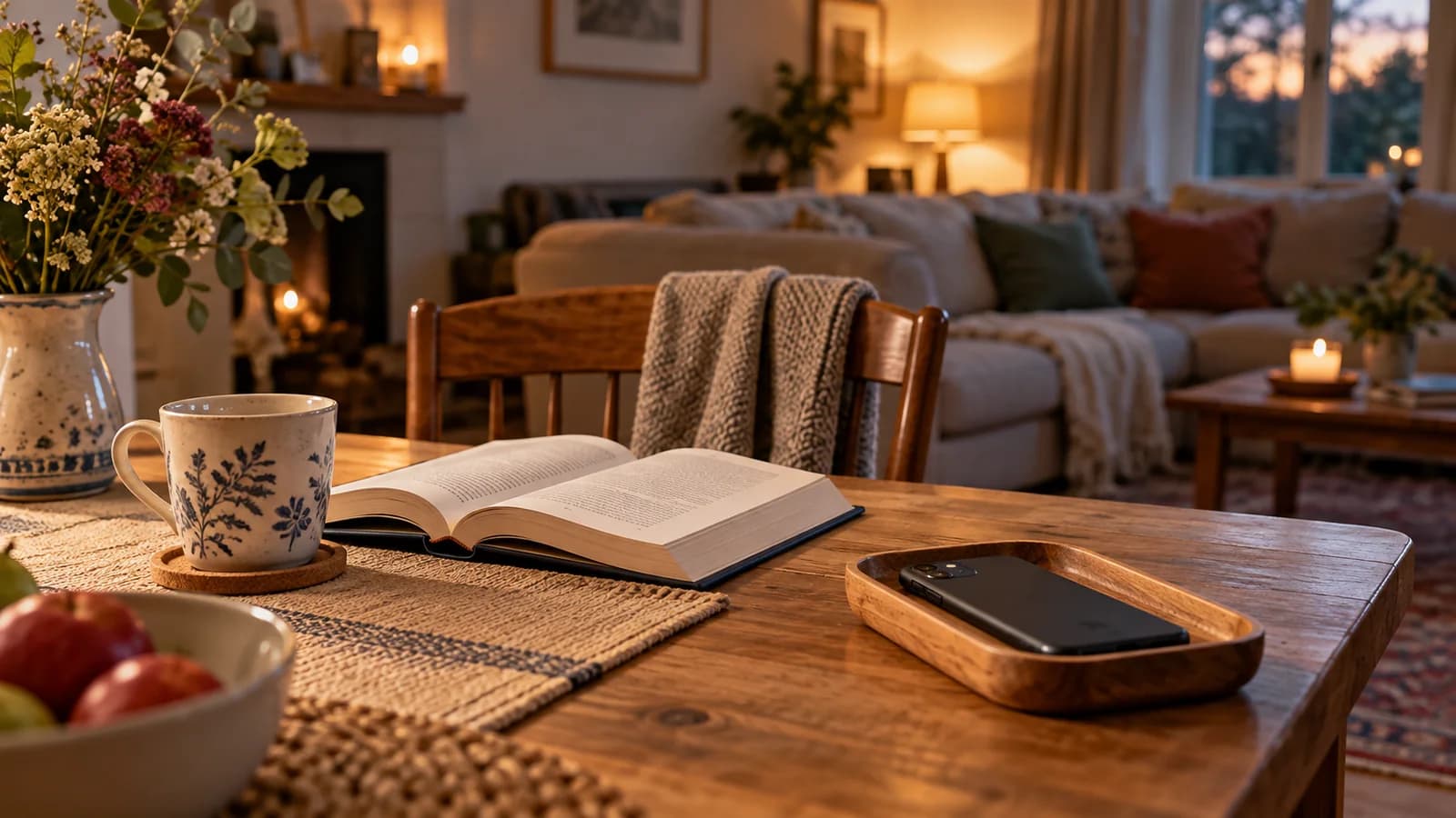 Phone resting face down in a wooden tray beside an open book in a calm home
