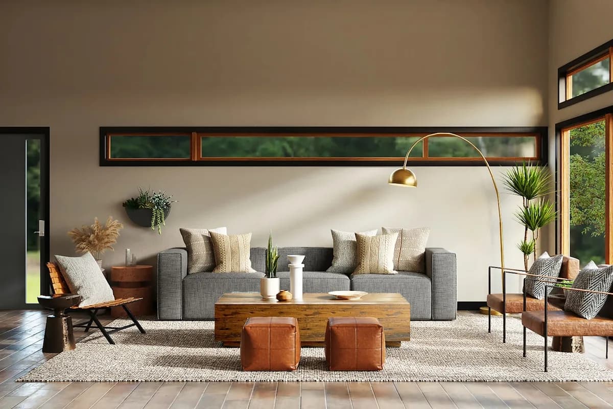 Serene Scandinavian living room harmoniously blending healthy indoor plants, uncluttered shelving and warm natural light