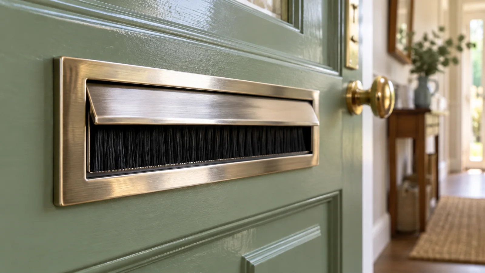 Interior letterbox with draught-excluding bristles on a sage green front door