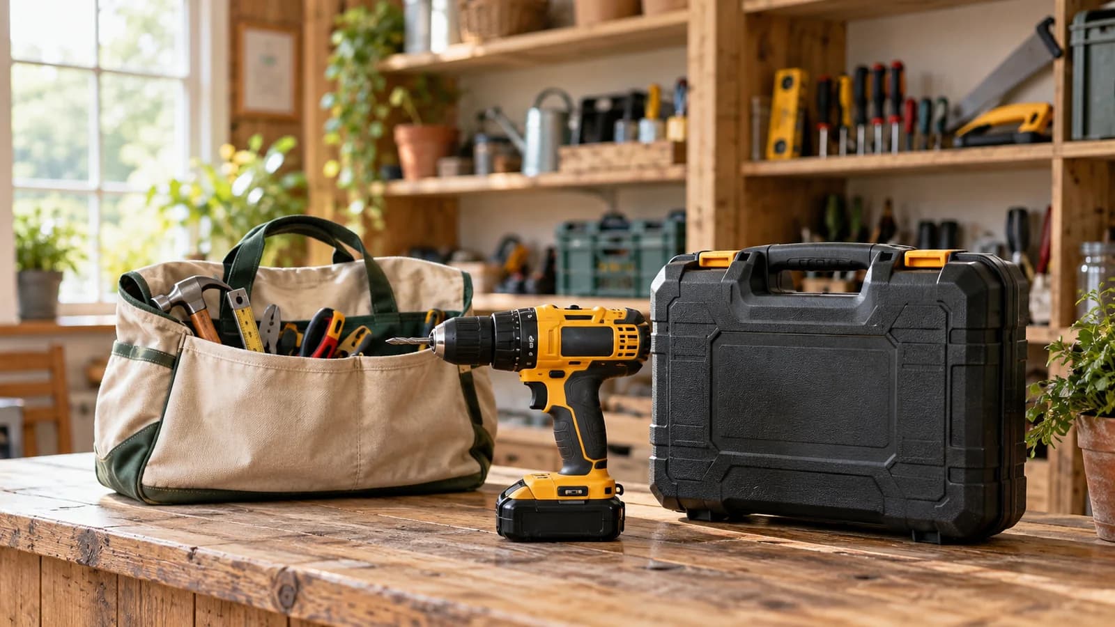 Cordless drill, carry case and canvas bag on a community tool lending counter