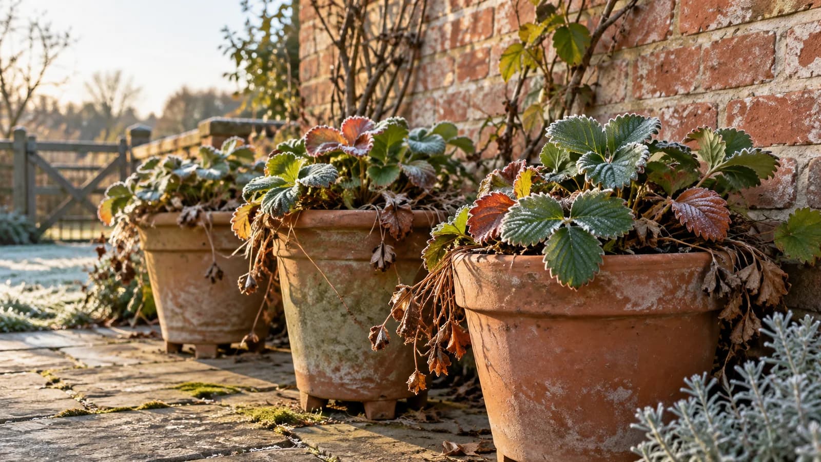 Strawberry plants in terracotta pots raised beside a sheltered brick wall in winter