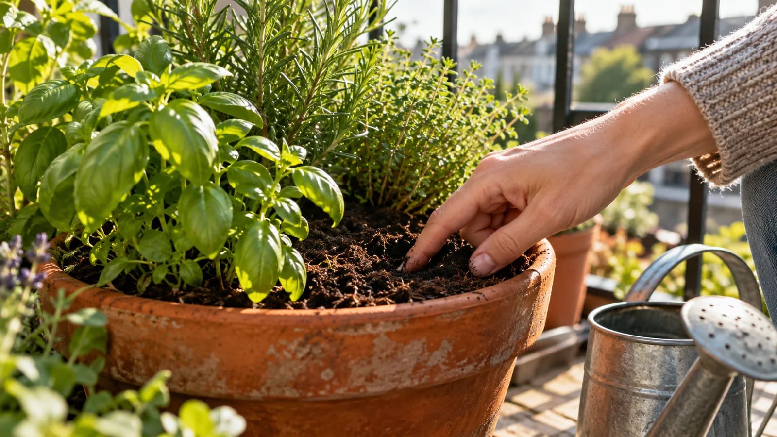 Hand checking compost moisture in a terracotta herb pot on a sunny balcony