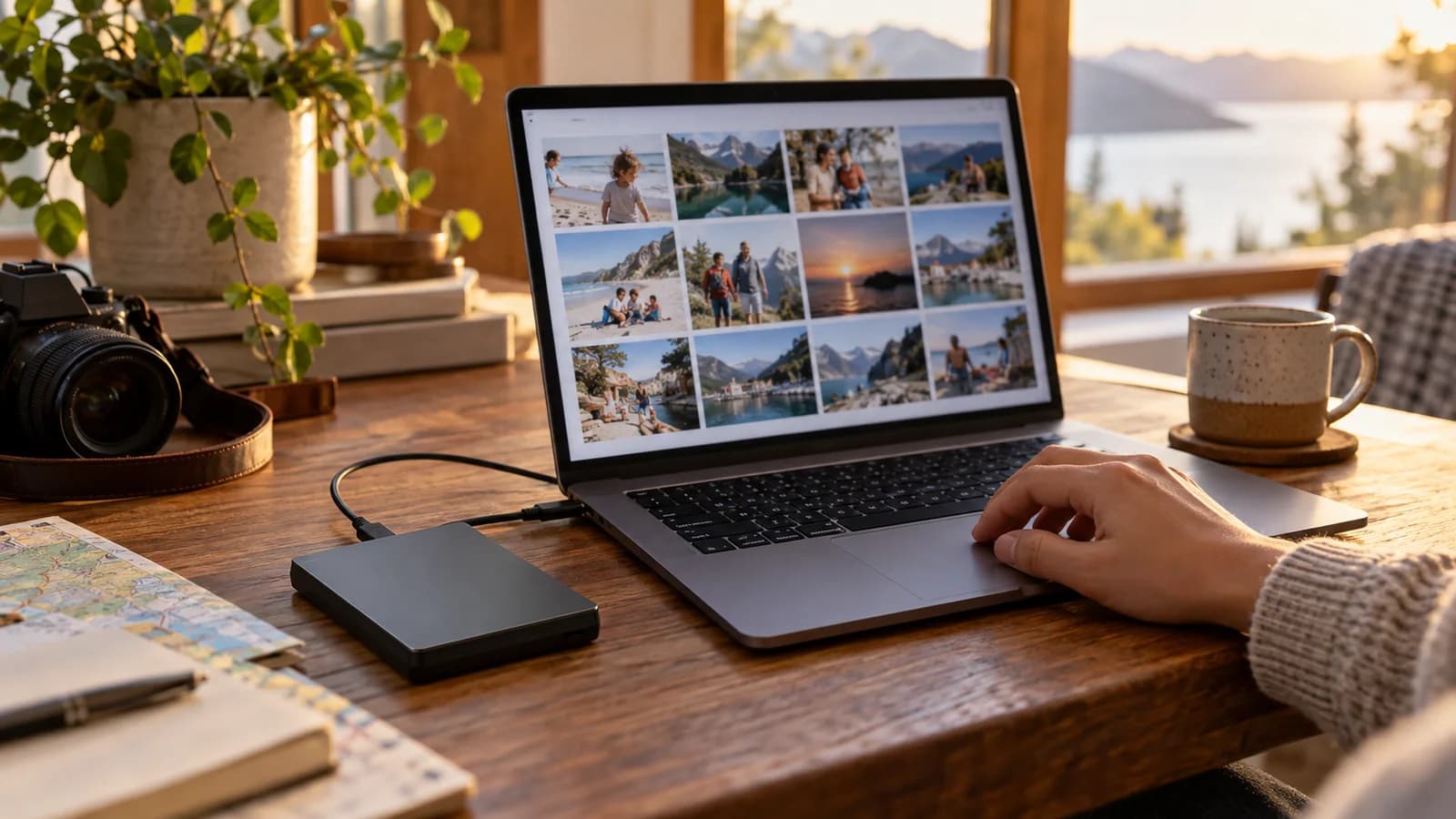 Laptop photo library with a separate backup drive connected on a wooden desk