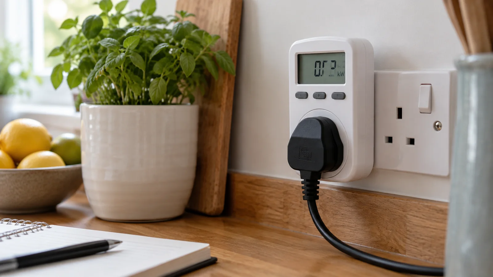 Plug-in energy monitor with an appliance connected at a UK wall socket