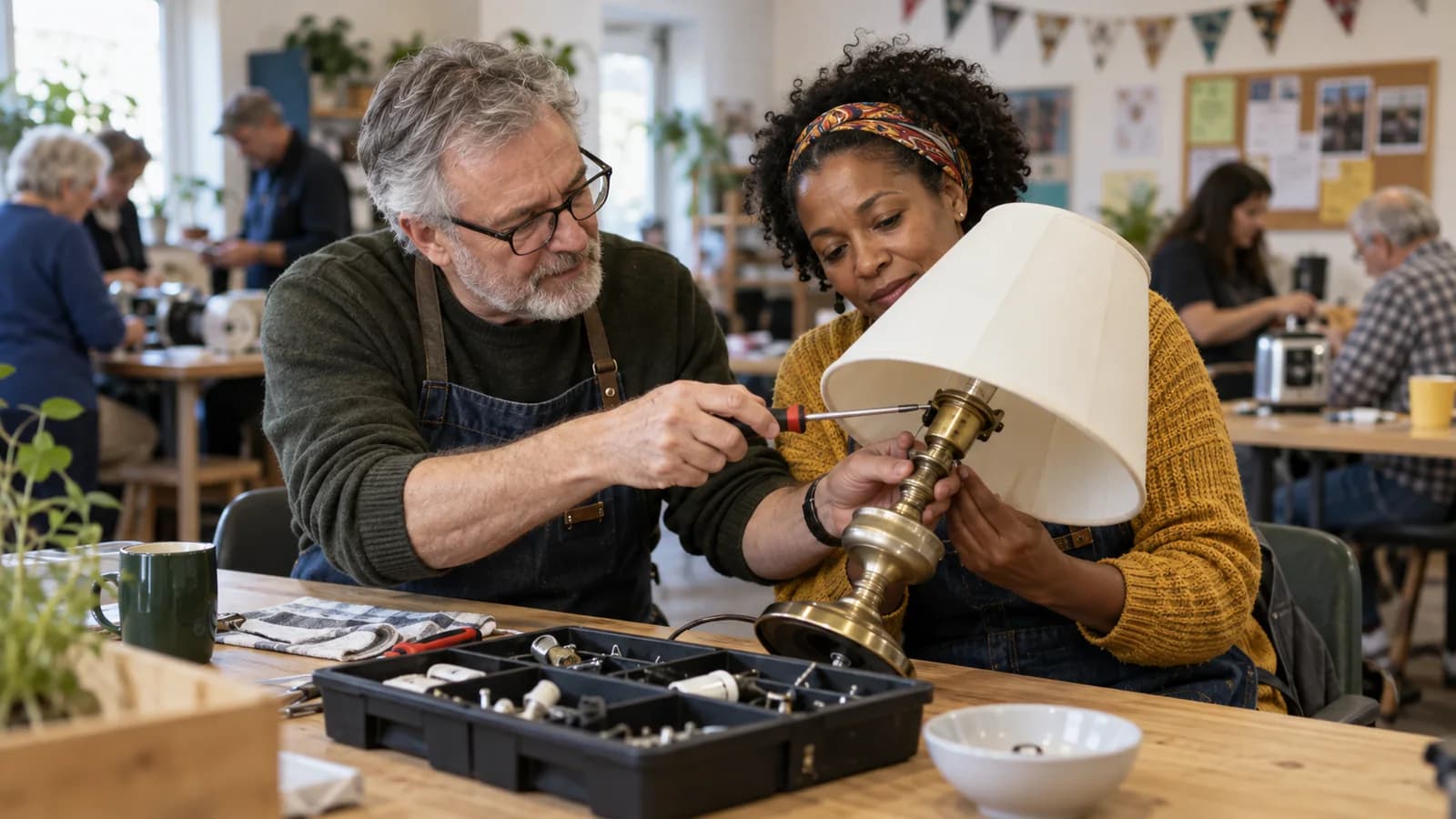 Two volunteers inspecting a table lamp at a community repair event