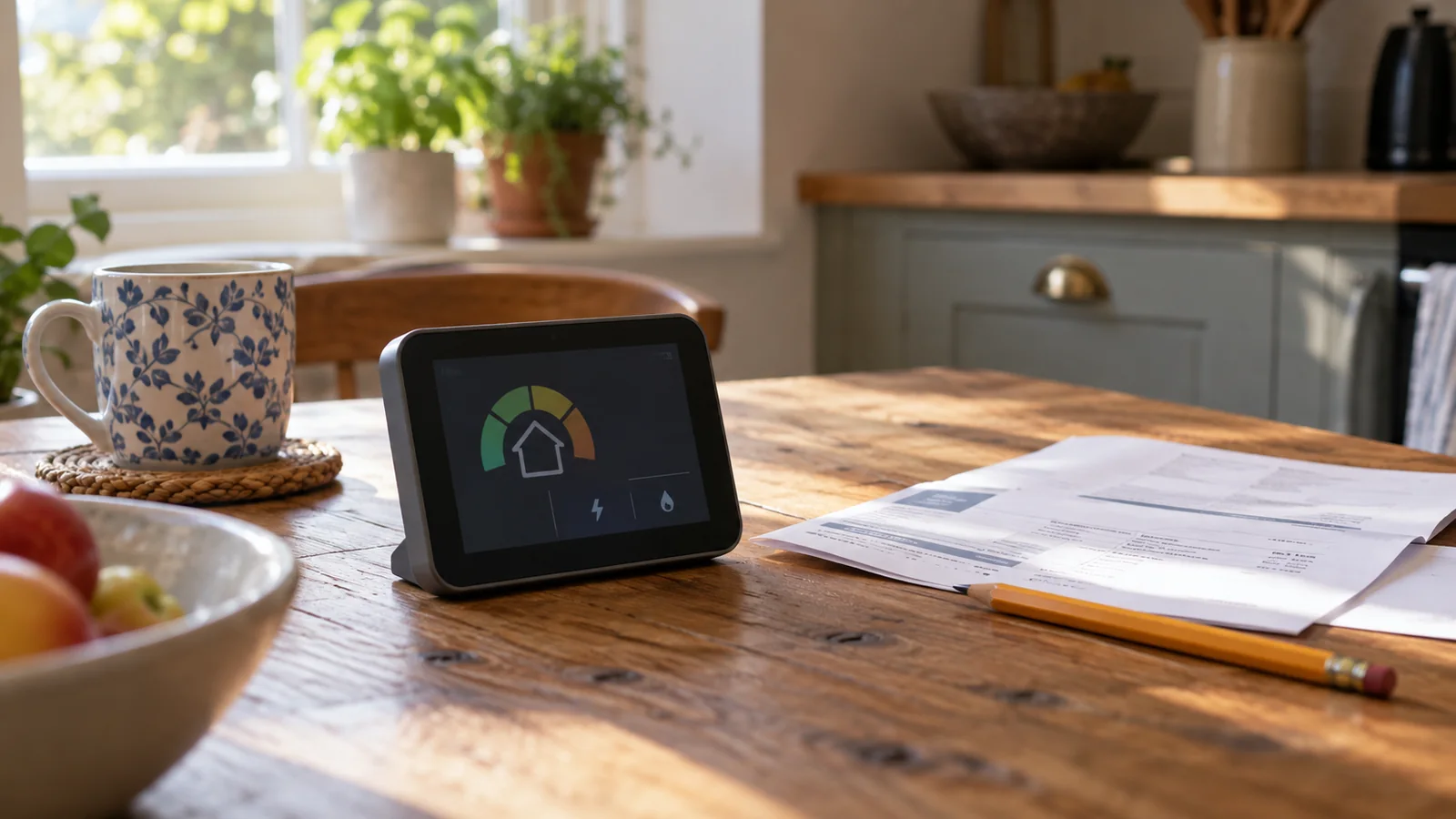 In-home energy display beside an electricity bill and pencil on a kitchen table