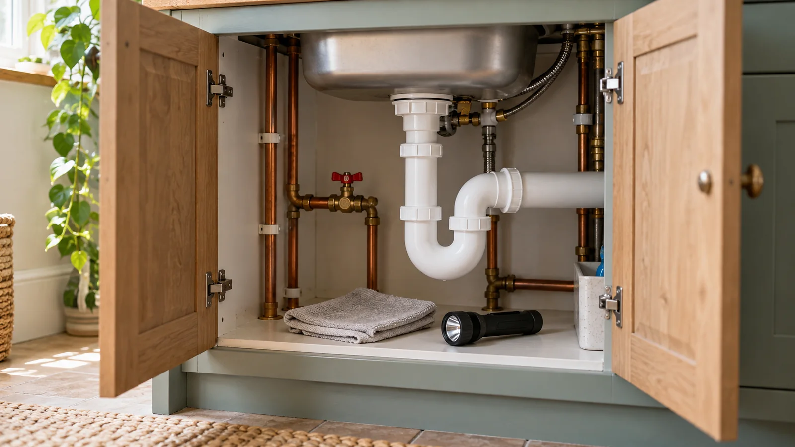 Open under-sink cupboard showing plumbing, accessible valve, torch and dry cloth