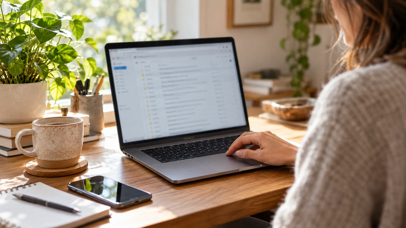 Person reviewing an email inbox on a laptop at a naturally lit home desk