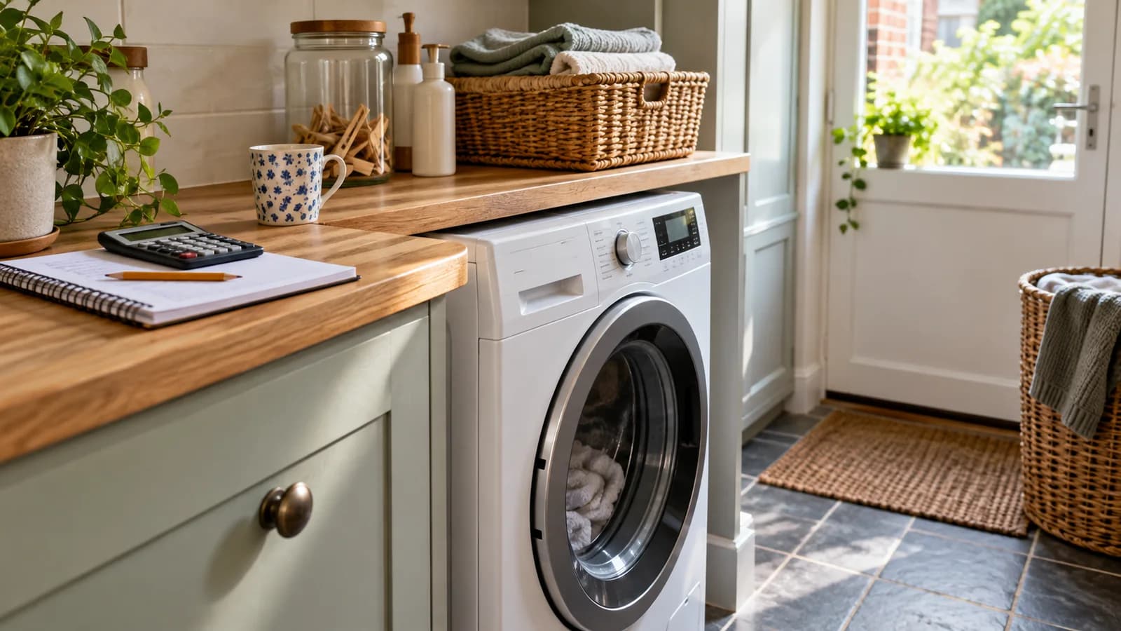 Front-loading washing machine beside a notebook and calculator in a utility room