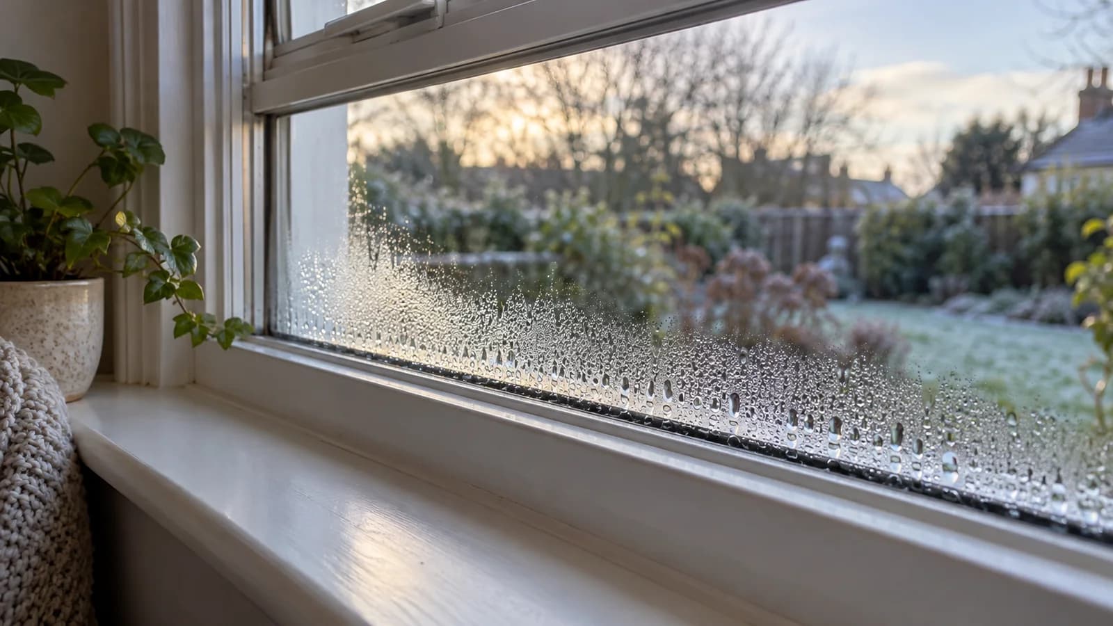 Condensation droplets along the inside edge of a window overlooking a winter garden